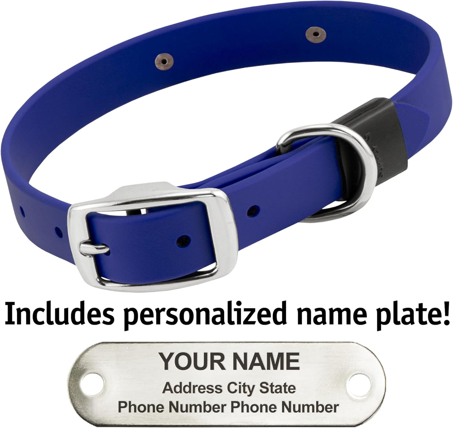Biothane Custom Dog Collar – Waterproof, Stink-Proof Personalized Collar with Name & Phone Number – Durable, Many Sizes and Colors – Assembled in USA (Royal Blue)