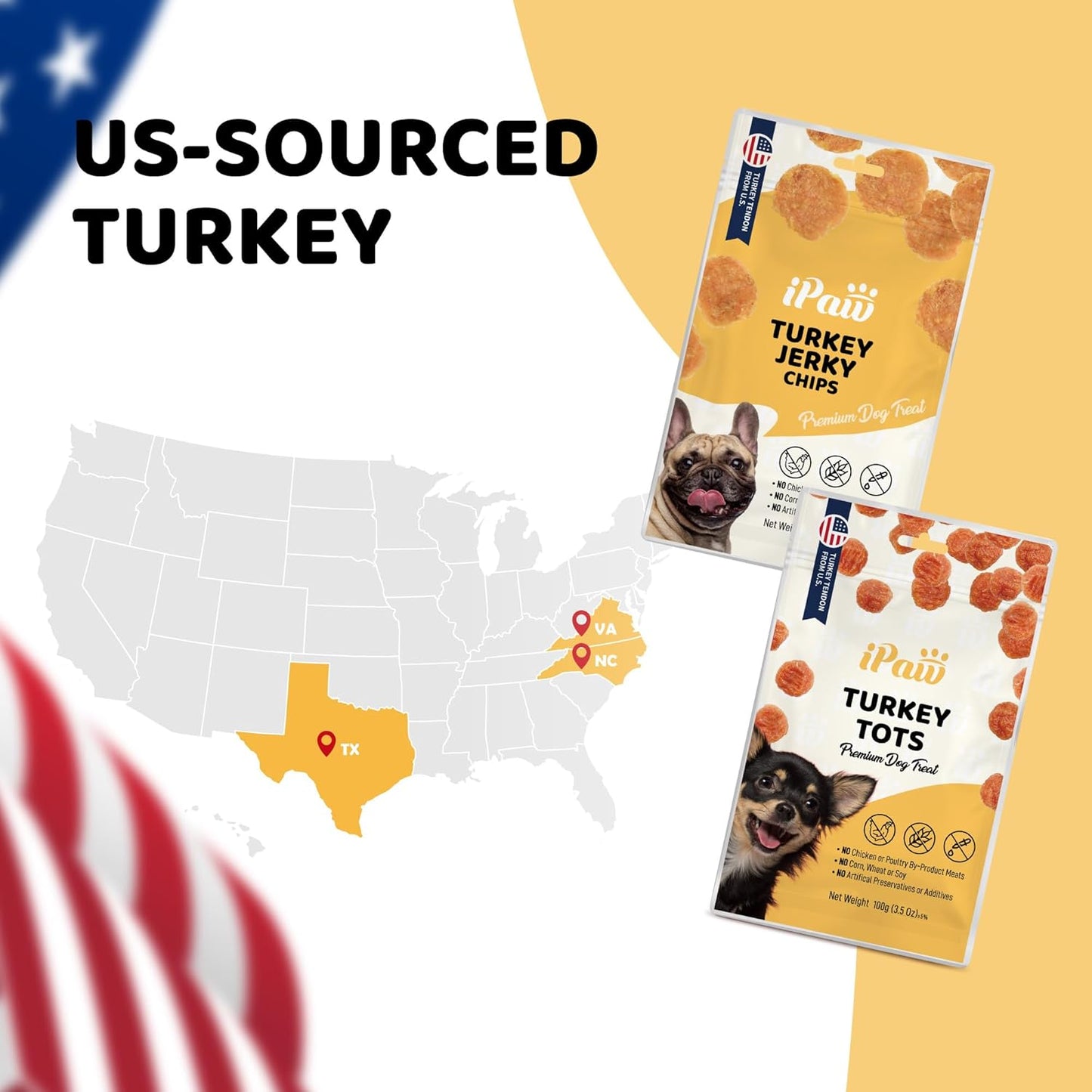 iPaw Turkey Chips Dog Treats for Puppy Training, All Natural Human Grade Dog Treat, Ingredient Sourced from USA, Hypoallergenic, Easy to Digest (Turkey Chips), 3 Packs