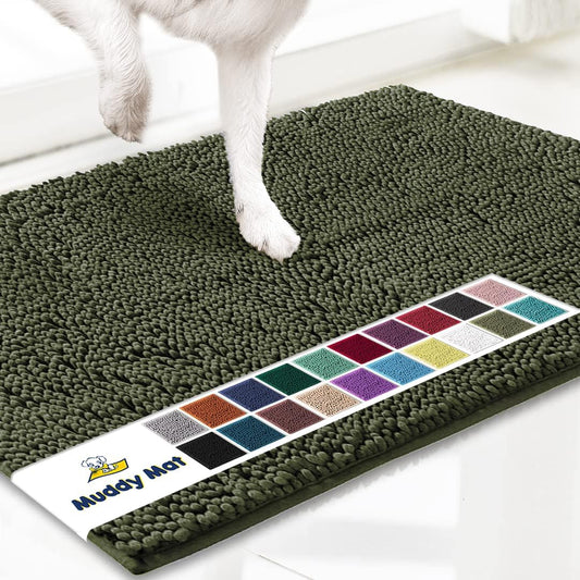 Muddy Mat® AS-SEEN-ON-TV Highly Absorbent Microfiber Door Mat and Pet Rug, Non Slip Thick Washable Area and Bath Mat Soft Chenille for Kitchen Bedroom Indoor and Outdoor - Army Green 24" x 72"