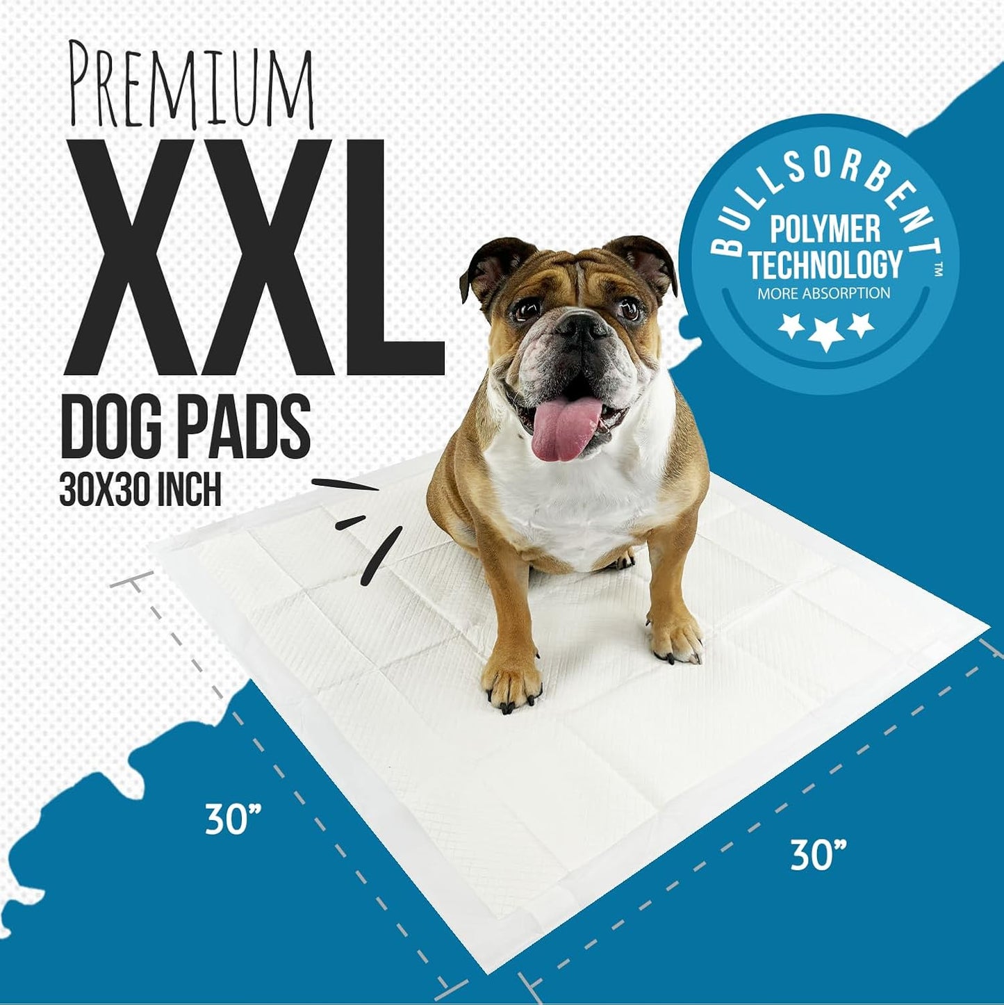 Bulldogology Puppy Pee Pads XXL with Adhesive Sticky Tape - Extra Large Dog Training Wee Pads (30x30) 6 Layers with Extra Quick Dry Bullsorbent Polymer Tech (30-Count, White)