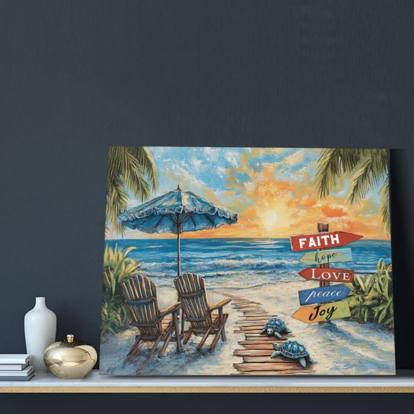 Beach Ocean Bathroom Pictures Wall Art, Seaside Coastal Bathroom Wall Decor, Sunrise Framed Painting Canvas Artwork for Bedroom Living Room Decorations 20"L x 16"W