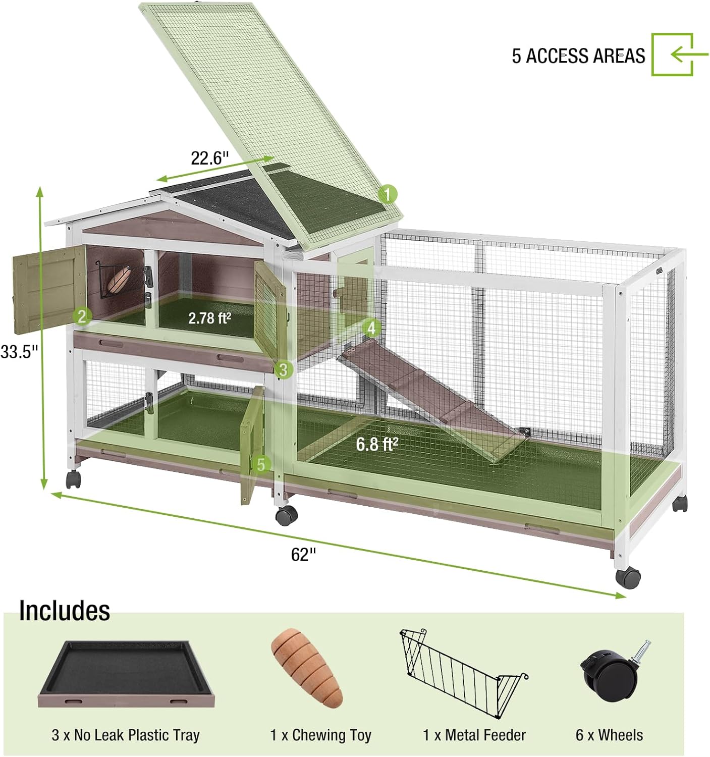 GUTINNEEN Rabbit Hutch with Chew-Resistant Ramp Indoor Bunny Cage Outdoor Guinea Pig Cage with Wheels and Leakproof Tray