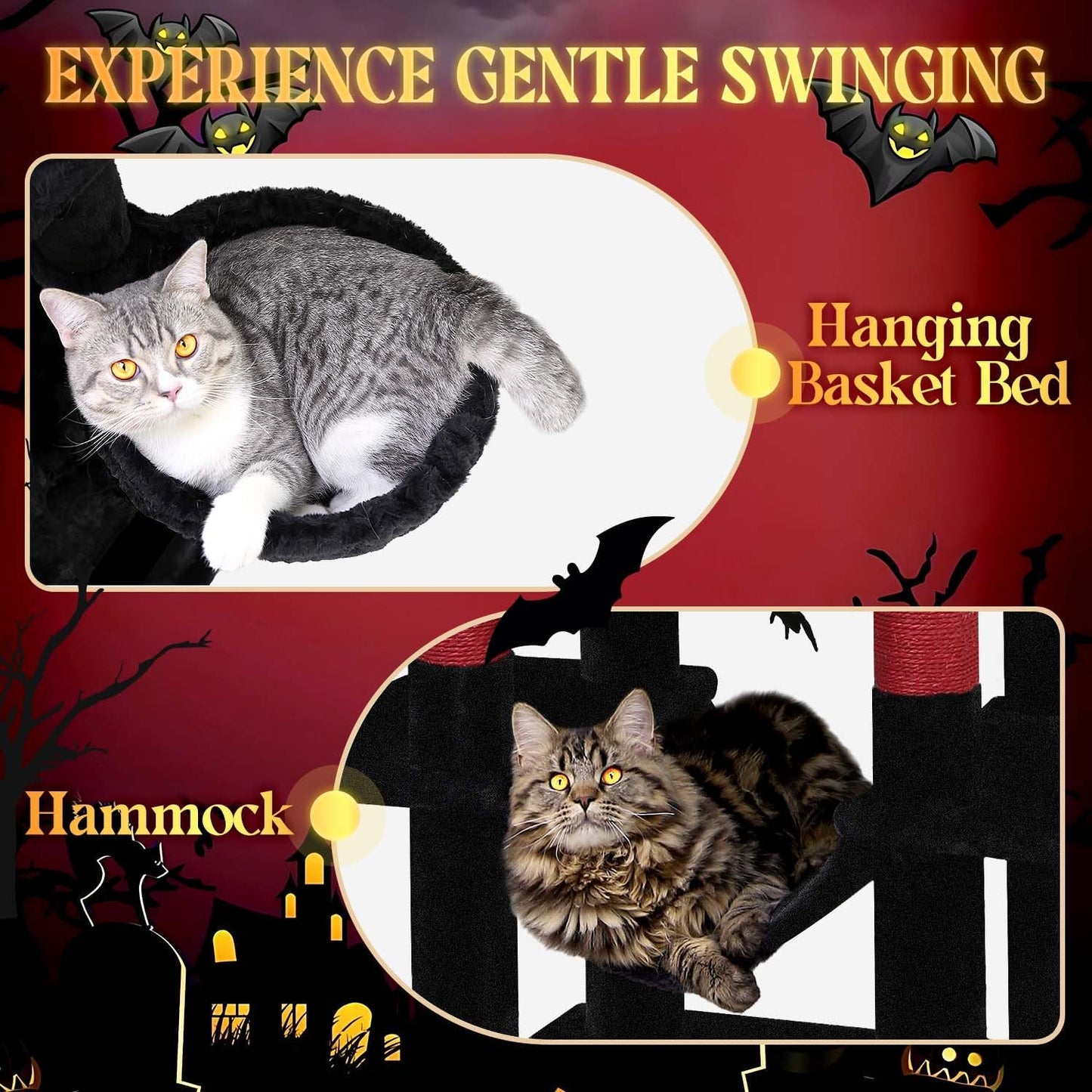 Globlazer Gothic Corner Cat Tree Tower with Scratching Post for Indoor Cats, 51inch Goth Cat Condo Tower with Large Hammock, Fan-Shaped Padded Perch, Spacious Cat Cave, Hanging Basket, C51, Red Black
