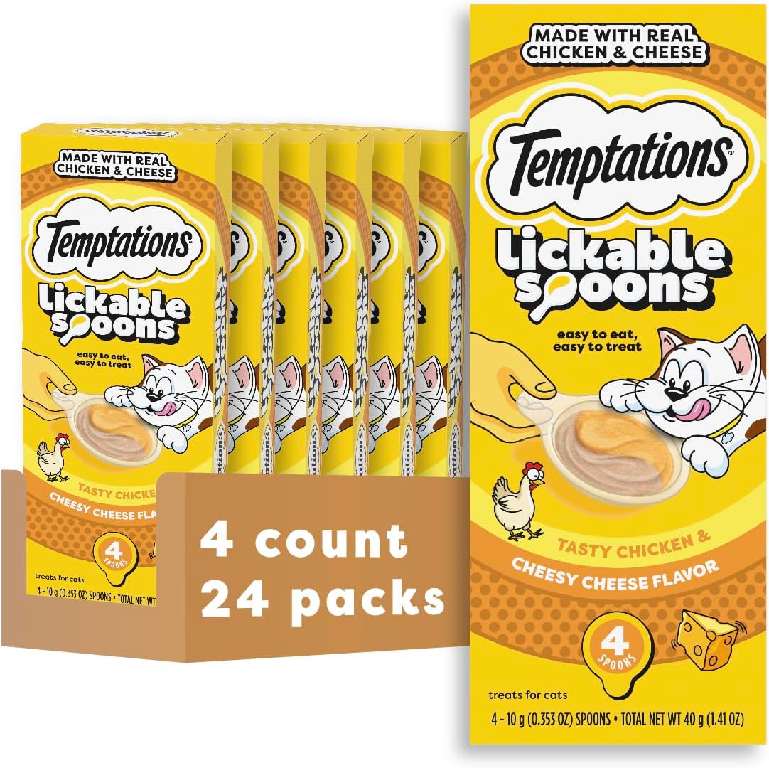 Temptations Lickable Spoons Adult Wet Cat Treat, Tasty Chicken and Cheesy Cheese Flavor, 4 Spoons, Pack of 24 (96 Total)