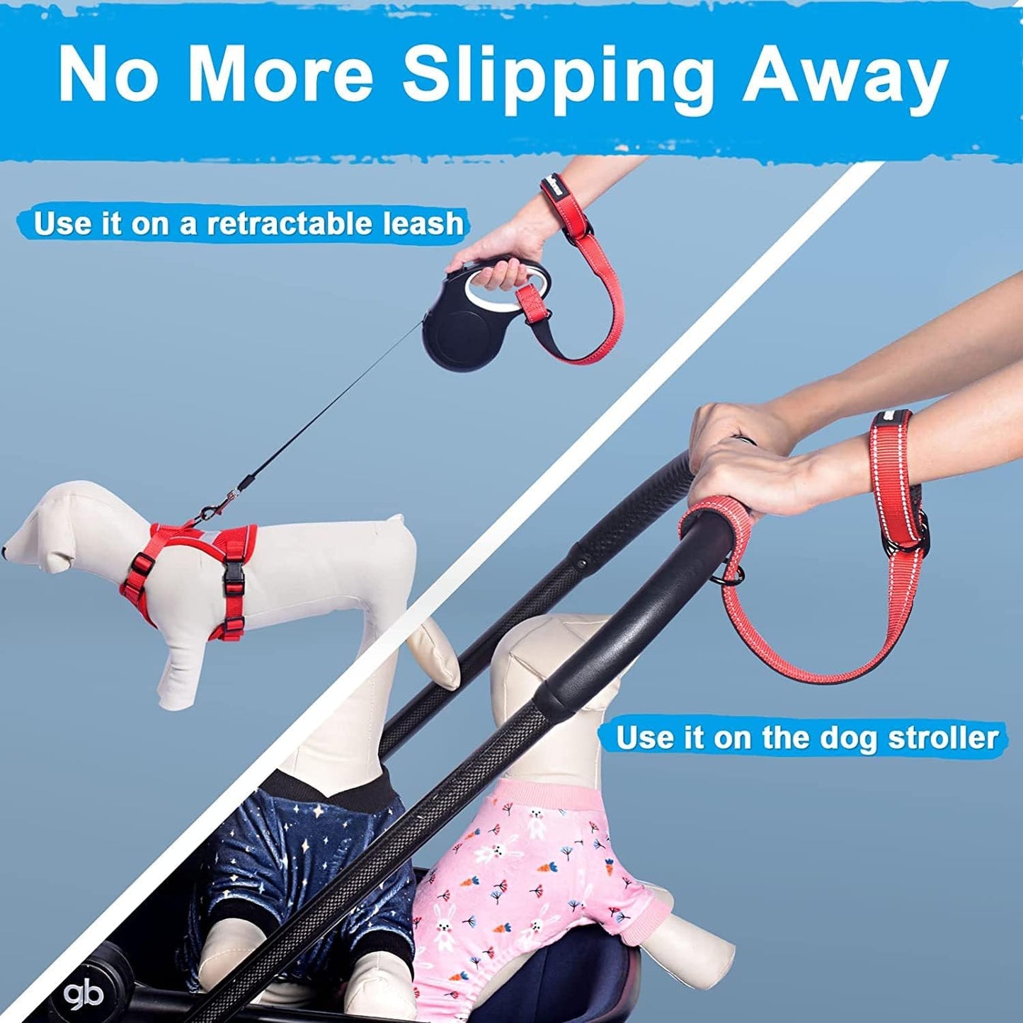 PetBonus 2 Packs Short Dog Leash, Safety Wrist Strap for Retractable Dog Leash, Reflective Design and Adjustable Soft Padded Handle, Extra Layer Security for Pet Stroller (Red, Red)