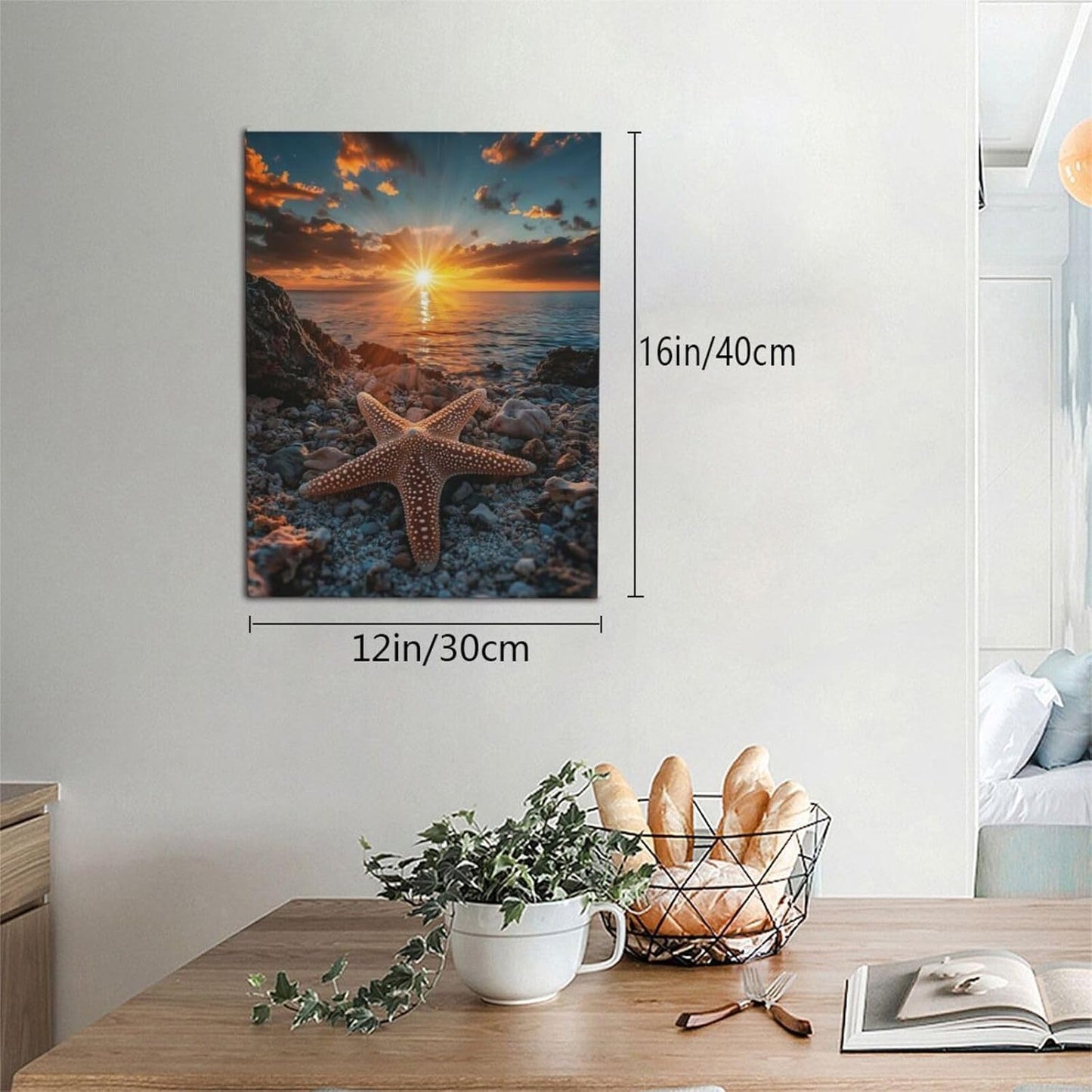 Beach Starfish Wall Decor Ocean Starfish Wall Art Sunset Scenery Coastal Theme Pictures Canvas Nature Seascape Painting Print Framed Artwork Decorations for Home Bathroom Living Room Bedroom Office 12"x16"