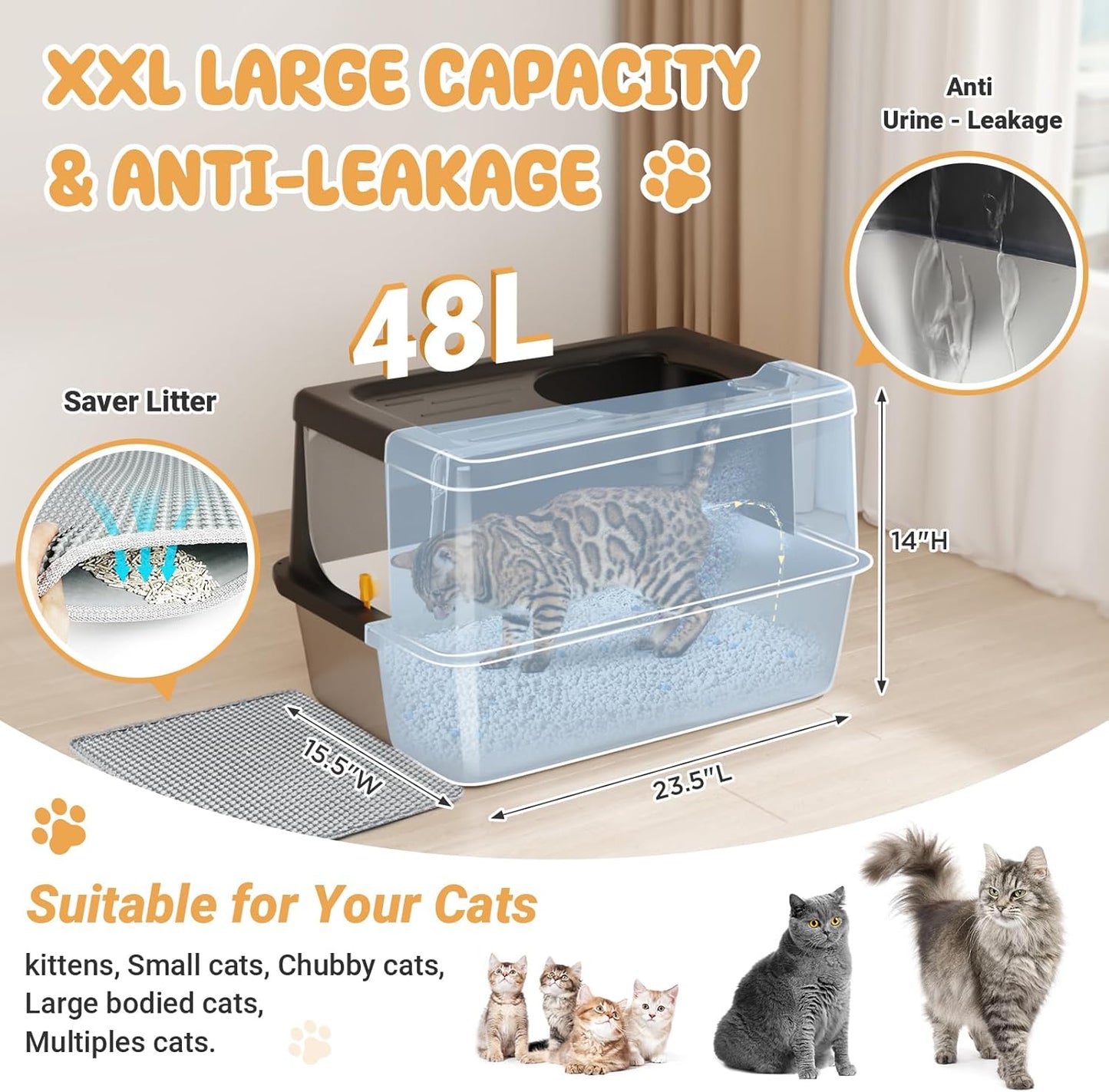 Stainless Steel Litter Box with Lid, Extra Large Cat Box with high Sides, Kitty Litter Pan Enclosure, top Entry Cat Litter Box Extra Large with Litter Scoop & Litter Mat, Anti-Leakage (XL Black)