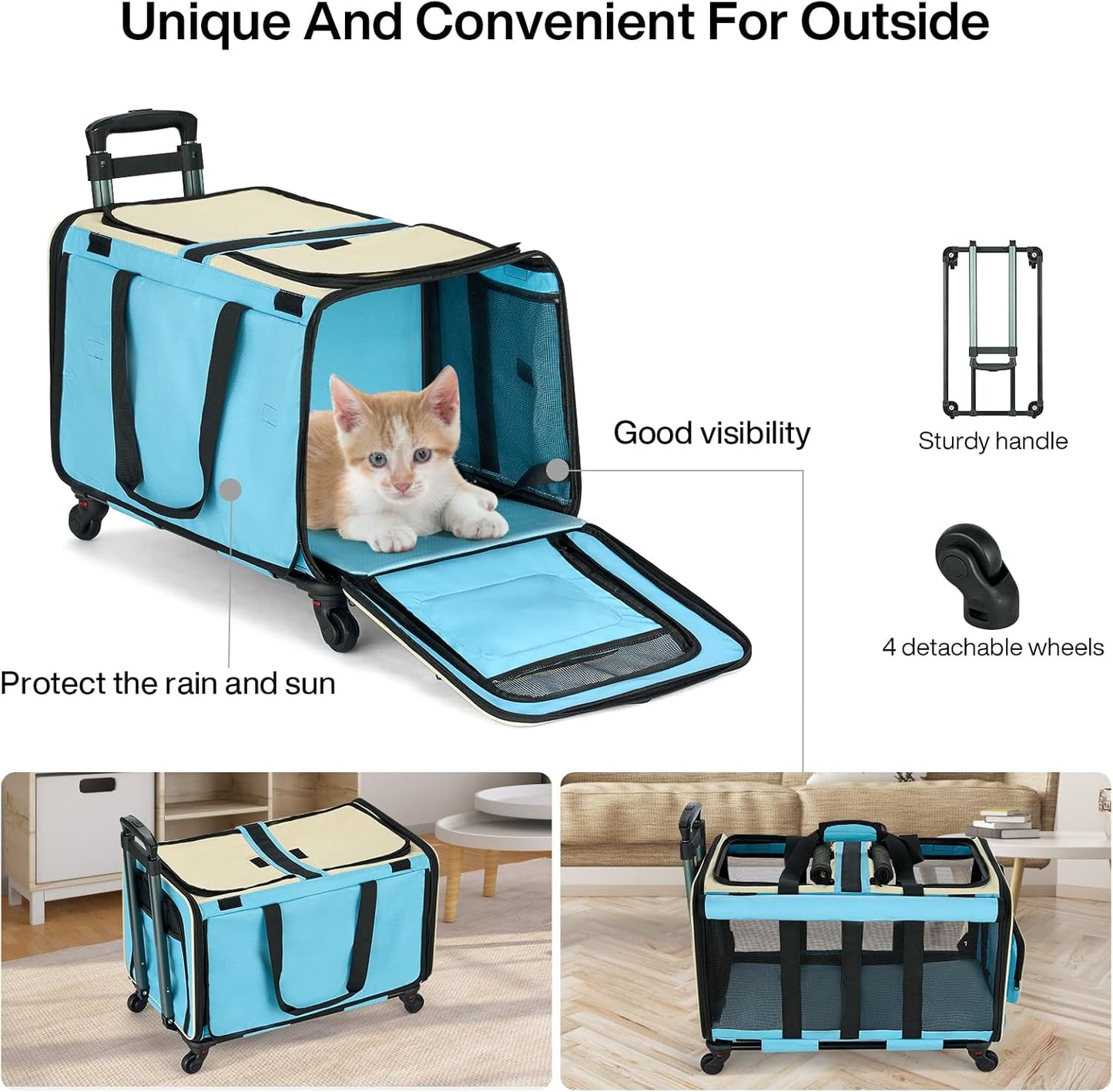 MILADA Large Cat Carrier for 2 Cats, Soft Big Pet Carrier with Wheels, Double Cat Carrier on Wheels, Rolling Pet Carrier for Travel Hiking Shopping and Camping（Not for Air Travel）, Blue