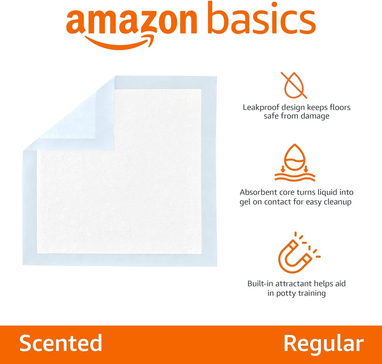 Amazon Basics Scented Dog and Puppy Pee Pads, 5-Layer Leak-Proof Super Absorbent, Quick-Dry Surface, Potty Training, Regular (22x22"), 150 Count, Blue