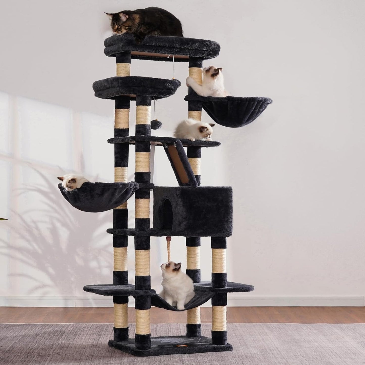 Heybly Cat Tree, 68 inch Multi-Level Cat Tower for Indoor Cats, 2 Widened Plush Perches Cat Condo with Scratching Board and Big Caves, Smoky Gray HCT025G