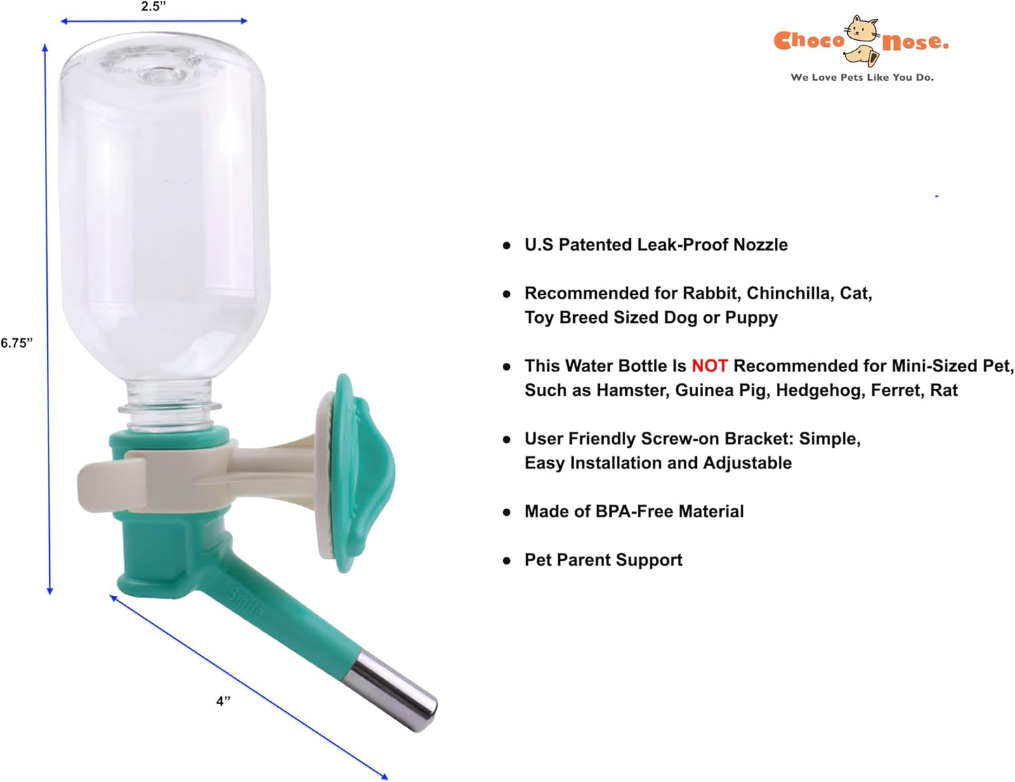 Choco Nose Patented No-Drip Water Bottle/Feeder and Detachable Food Dish Set for Puppies/Toy Breed Dogs/Rabbits/Cats/Chinchillas and Other Small Pets and Animals 10.2 Oz Nozzle 13mm, Aqua(C528 C607)