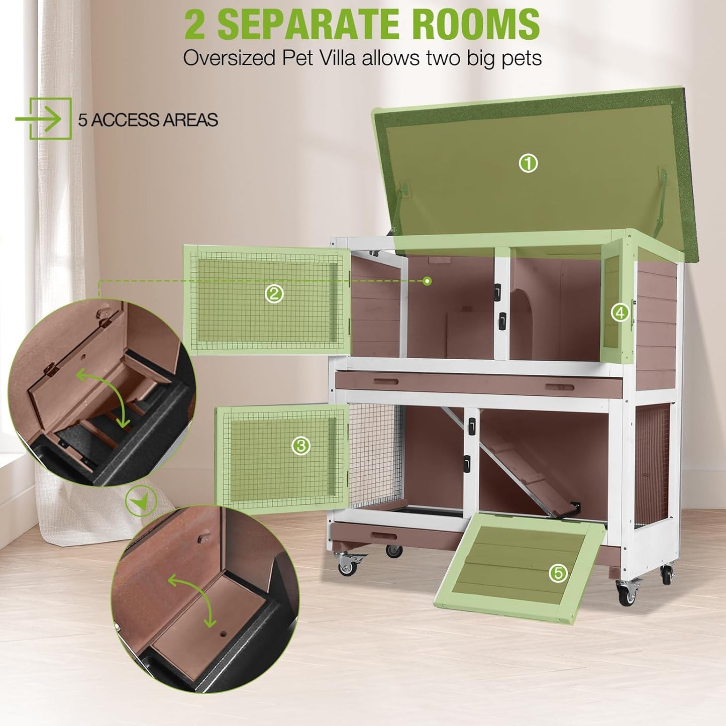 GUTINNEEN Rabbit Hutch Indoor with Chew-Proof Design, Wooden Bunny Cage Guinea Pig Cages with Lockable Wheels, Leak-Proof Trays for 1-3 Rabbits, Guinea Pigs, Small Animals (Brown)