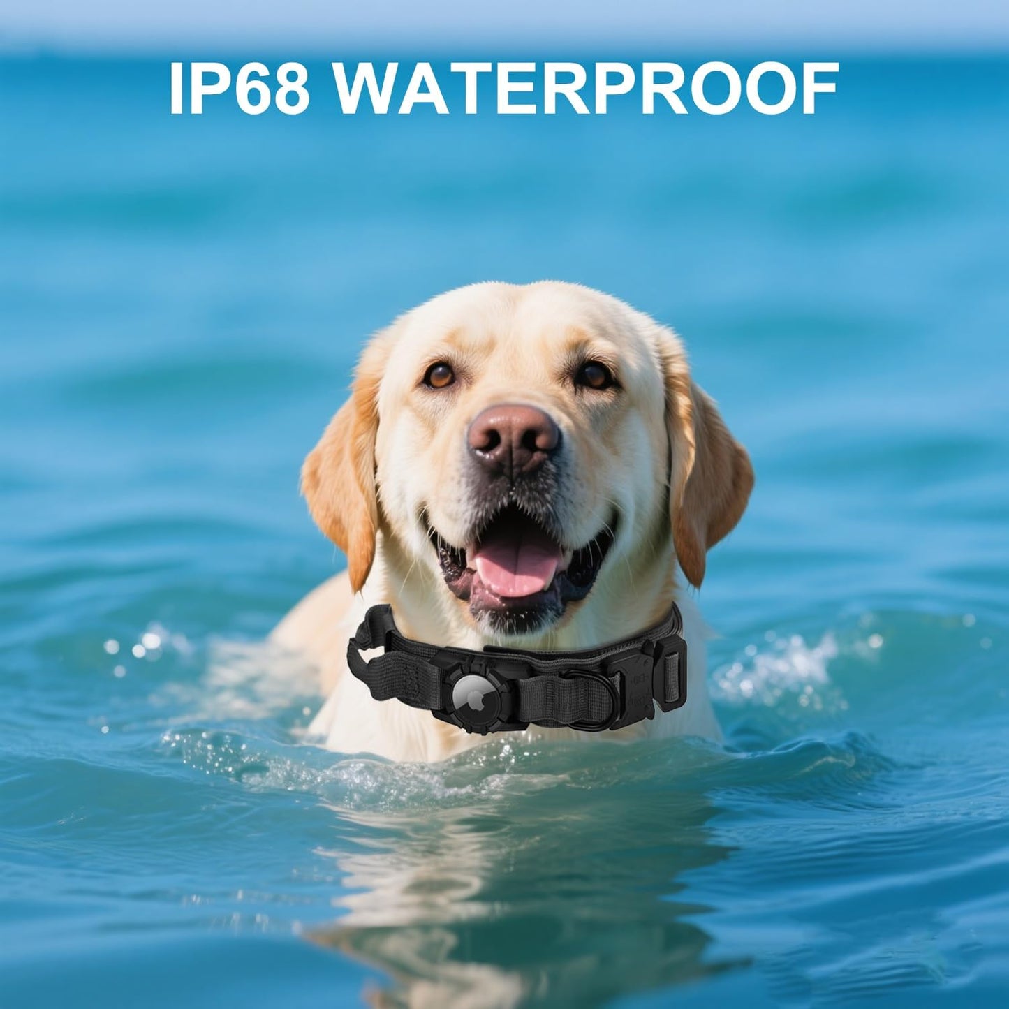 Waterproof Tactical Dog Collar with AirTag Holder - Heavy Duty Adjustable Collar for Medium to Large Dogs, Control Handle & Apple AirTag Compatible [Black,