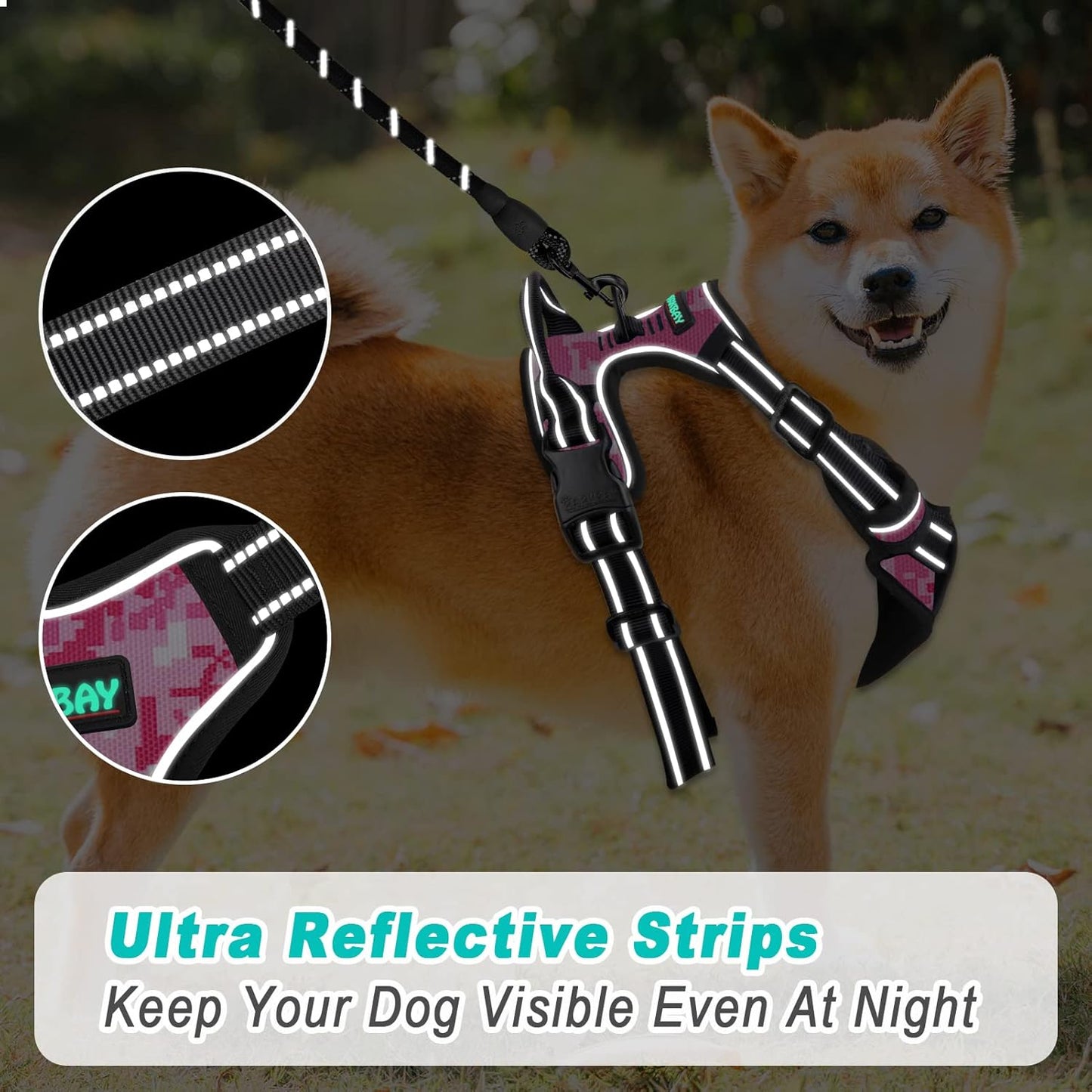 BARKBAY No Pull Dog Harness Large Step in Reflective Dog Harness with Front Clip and Easy Control Handle for Walking Training Running(Pink camo,M)