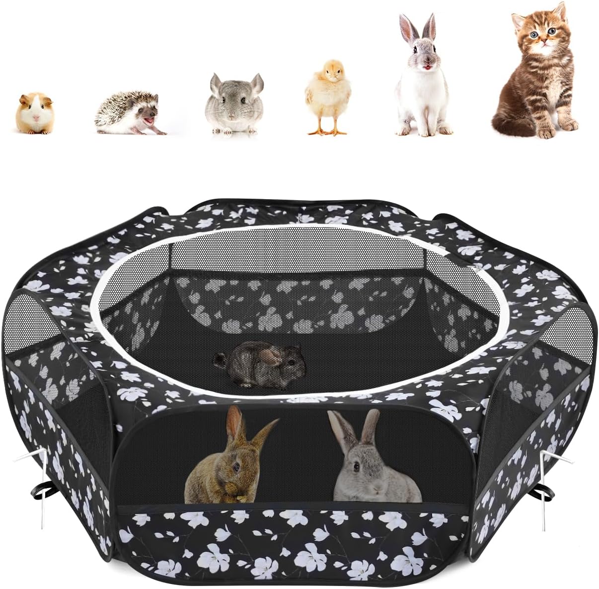 Pawaboo Small Animals Playpen, Waterproof Small Pet Cage Tent with Zippered Cover, Portable Outdoor Yard Fence with 3 Metal Rod for Chick/Kitten/Puppy/Guinea Pig/Rabbits/Hamster/Chinchillas, Magnolia