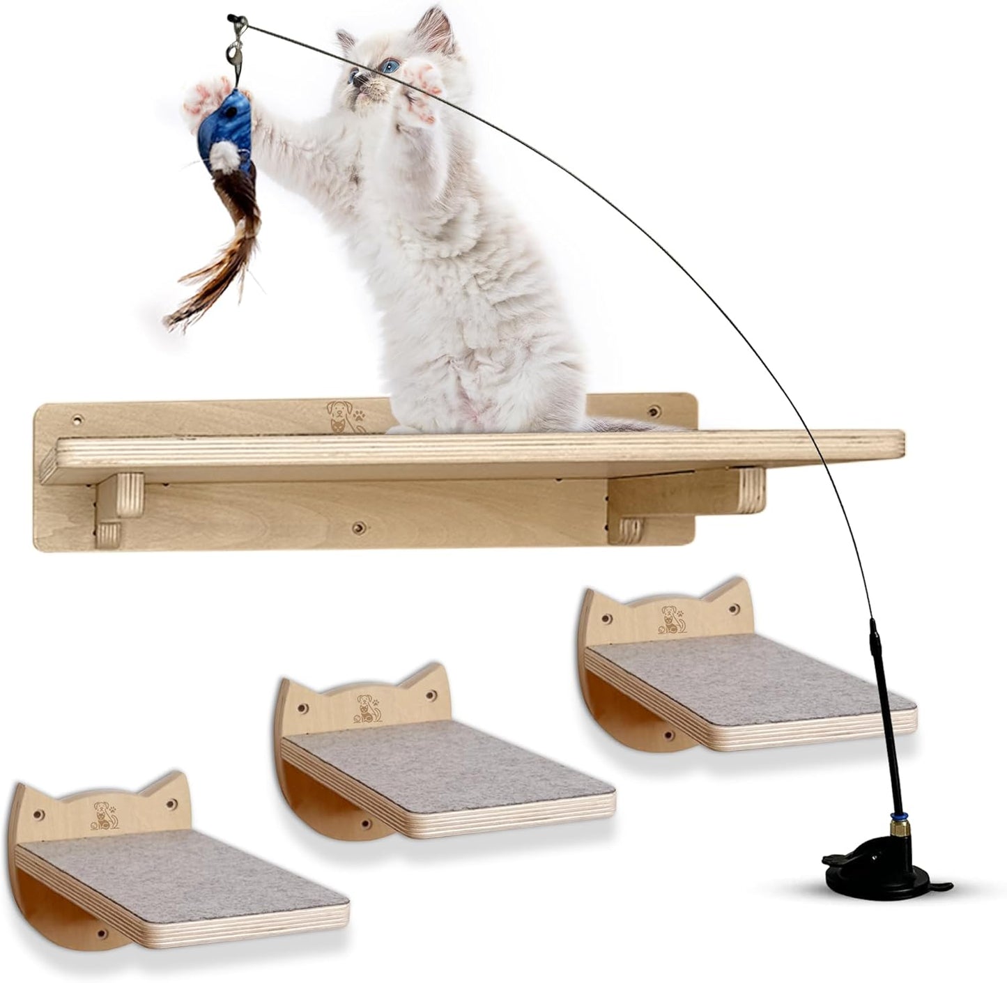 Snuggle & Play Cat Wall Shelves with Suction Cup Wand – 3 Mounted Steps, Climbing Wall Shelves and Furniture with Cat Wand