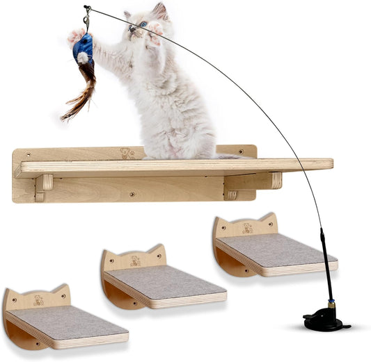 Snuggle & Play Cat Wall Shelves with Suction Cup Wand – 3 Mounted Steps, Climbing Wall Shelves and Furniture with Cat Wand