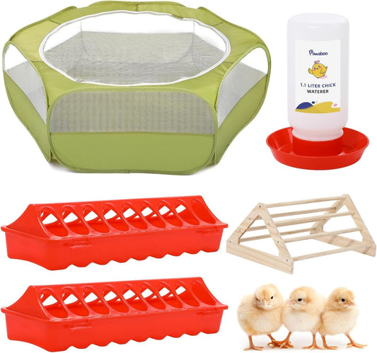 Pawaboo 5-in-1 Chicken Brooder Box for Chick Starter Kit, Includes Pet Cage Tent, Chicks Perch, Chick Feeder, 1.1L Chick Waterer, Baby Chick Supplies (Brooder Set), Green + Red + Wood Color