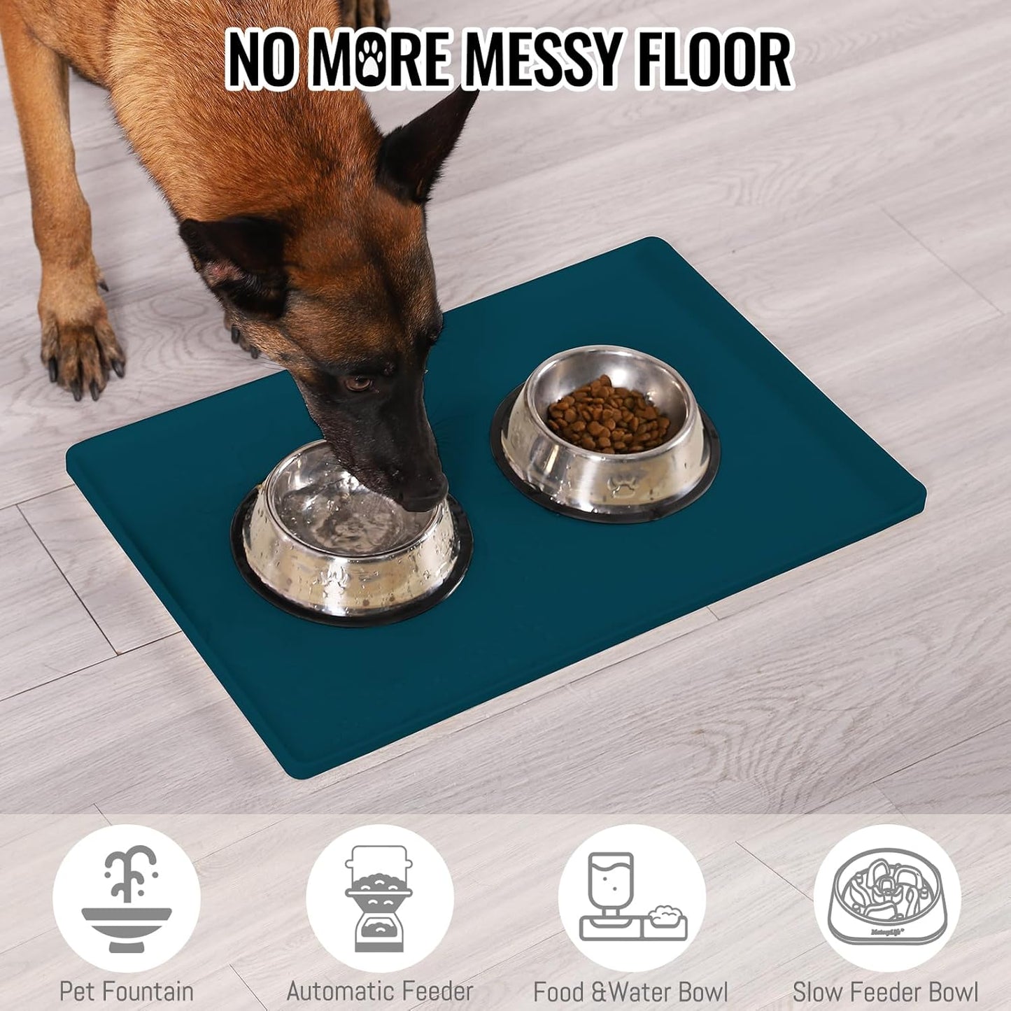 MateeyLife Dog & Cat Food Mat, Waterproof & Nonslip Silicone Feeding Mats for Dogs and Cats, Raised Edge Tray for Messy Drinkers, 22"x14", Navy