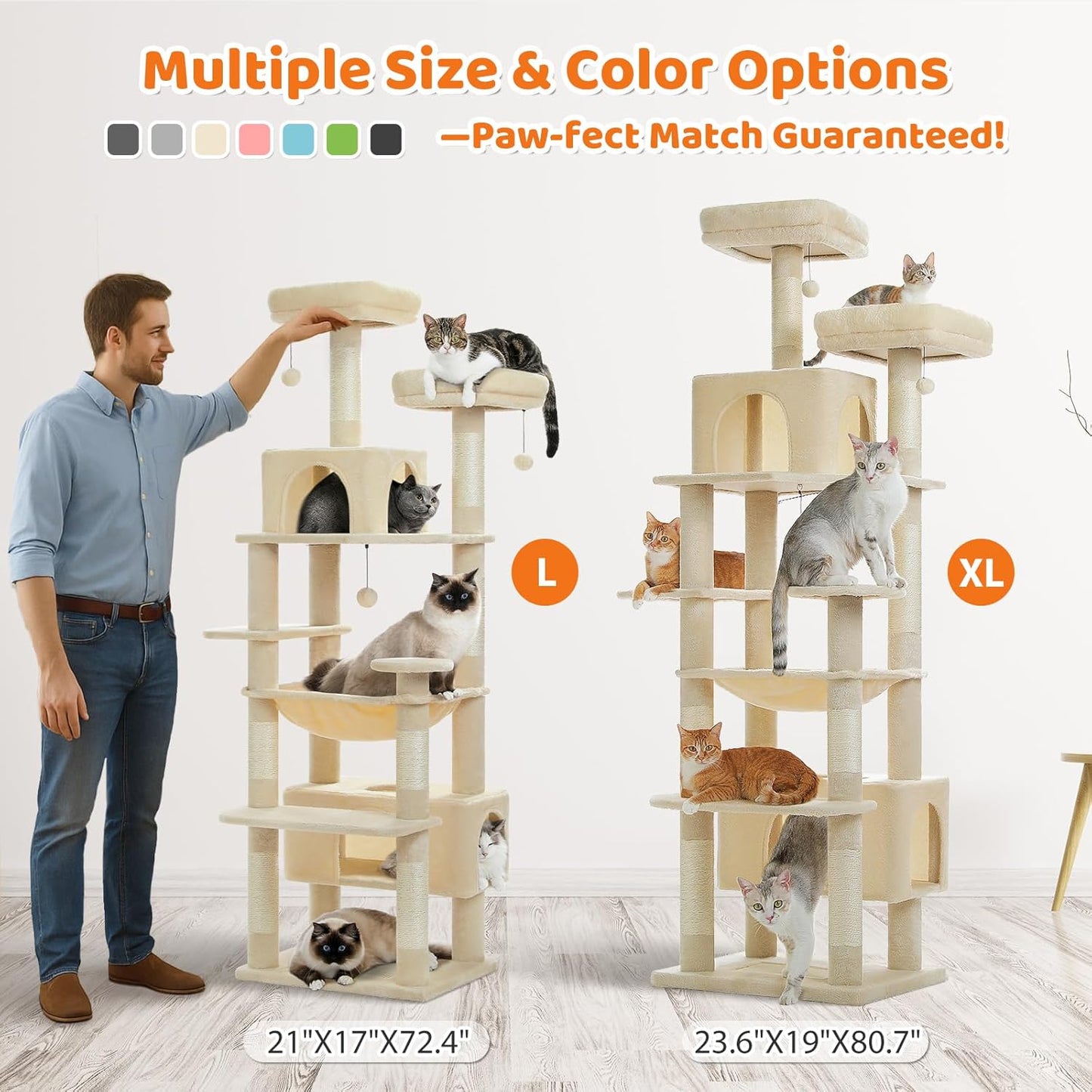 PAWZ Road Heavy Duty Cat Tree for Large Cats, 81 Inches Tall Cat Tower with 2 Perches, 2 Condos and Spacious Hammock, XL Extra Large Condo with 7 Scratching Posts for 20lb+ Adult Cats,Beige