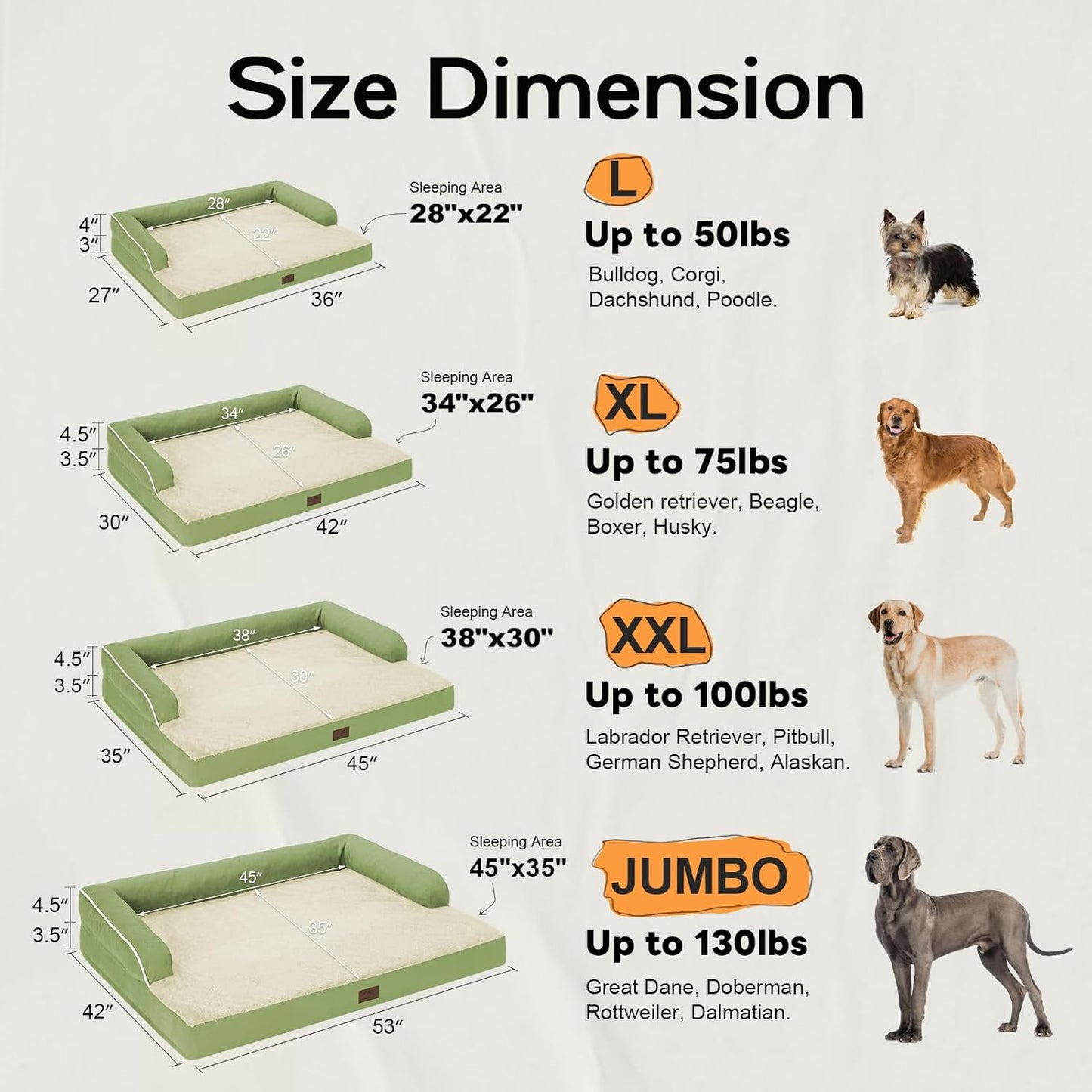 Large Dog Bed Orthopedic Washable - Memory Foam - XXL Large Big Dogs - Beds Bolster Pet - Couch Sofa - Waterproof with Removable Cover - Grass Green Dog Bed