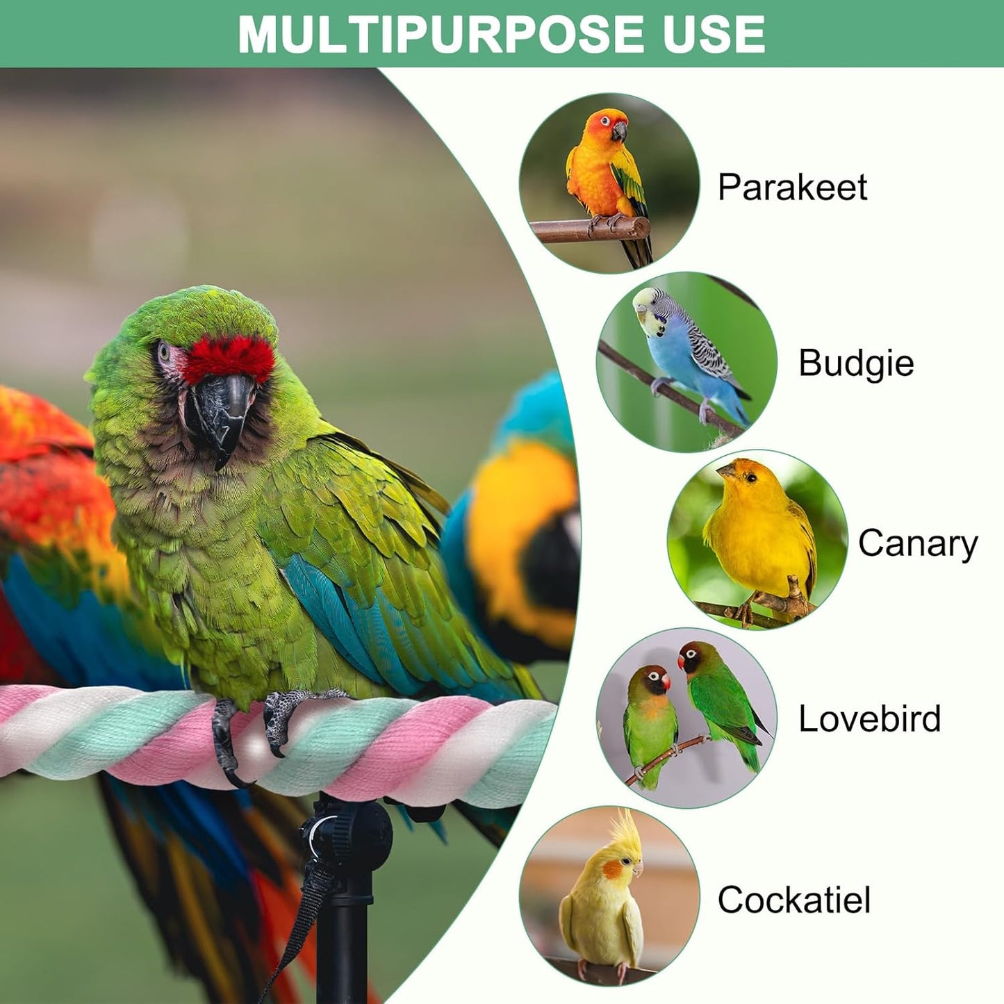 1-Set Rope Perches for Bird Cages, 13.8 & 31.5 in Length Comfort Grip Flexible Rope Perch Beak & Paw Grinding for Parrots/Cockatiels/Parakeets, Bird Platform Sand [Pink Cyan]