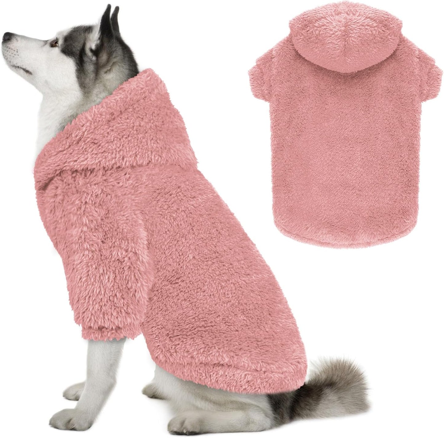 Fuzzy Dog Sweaters for Large Dogs Dog Hoodie Soft Double-Sided Plush Fleece Pet Sweater Clothes Coats Pet Hoodie Sherpa Hooded Sweatshirt(Pink-XL)