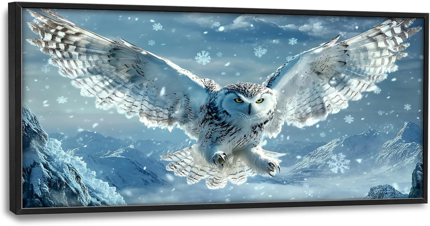 Framed Large Snowy Owl Wall Art for Living Room, Oversized Snowy Mountain Wall Decor Landscape Canvas Painting Modern Artwork Home Decoration for Living Room Bedroom Office 60"x30"