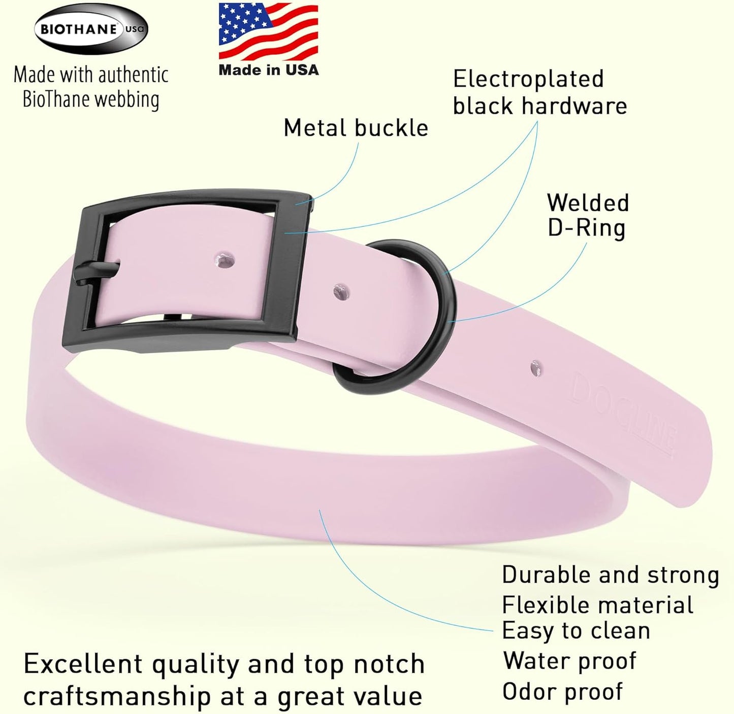 Dogline Biothane Waterproof Dog Collar Strong Coated Nylon Webbing with Black Hardware Odor- Proof for Easy Care Easy to Clean High Performance Fits Small Medium or Large Dogs, Pastel Purple
