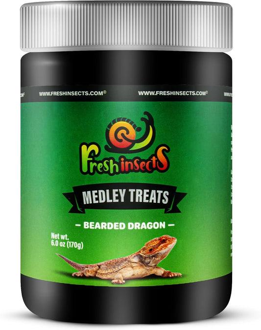 Medley Treat Bearded Dragon Food - Freeze Dried Mealworms, Grasshoppers, Crickets, Quality Tested, Vitamin & Calcium Enriched, Essential Proteins, Fats & Minerals - for Bearded Dragons, Reptiles 6 oz
