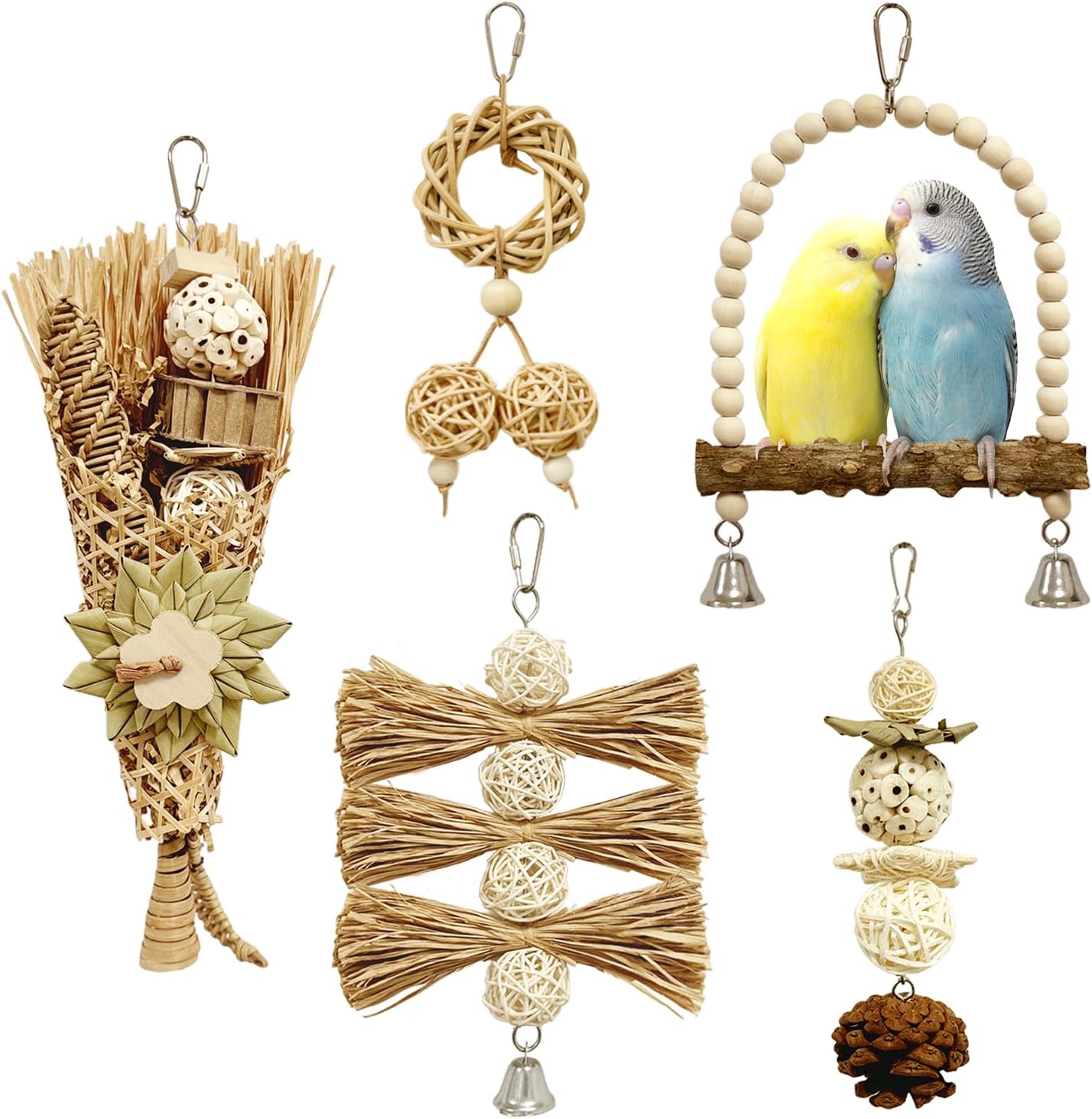 5-Pack Natural Flower Bird Toys – Foraging & Chewing Toys for Parakeets, Cockatiels, Conures & Small Birds – No Plastic, All-Natural Materials