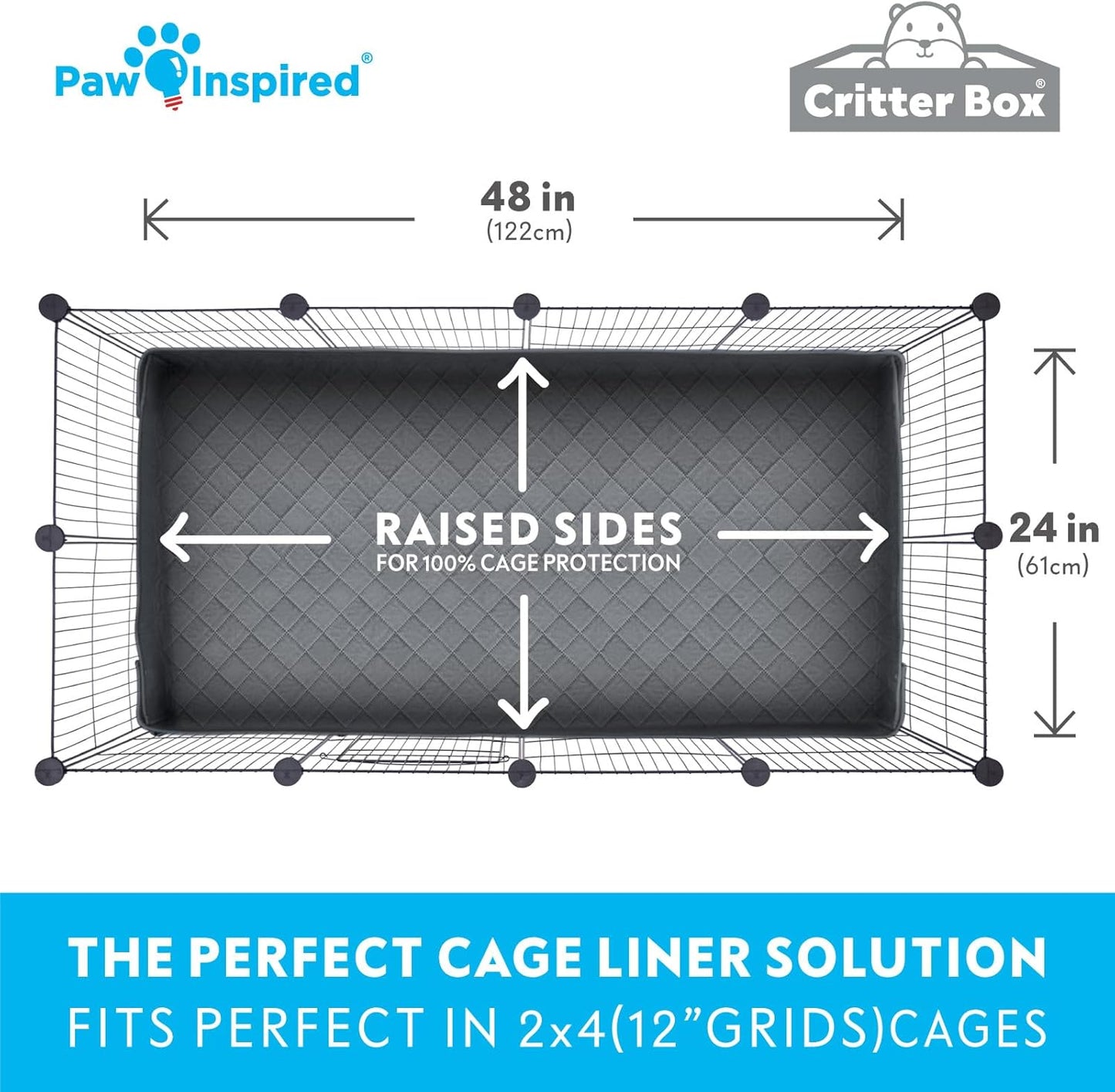 Paw Inspired Critter Box Washable Cage Liner, Reversible Fleece Bedding with Raised Sides for Guinea Pigs and Other Small Animals (2x4 (12" Grids), Gray/Blue)