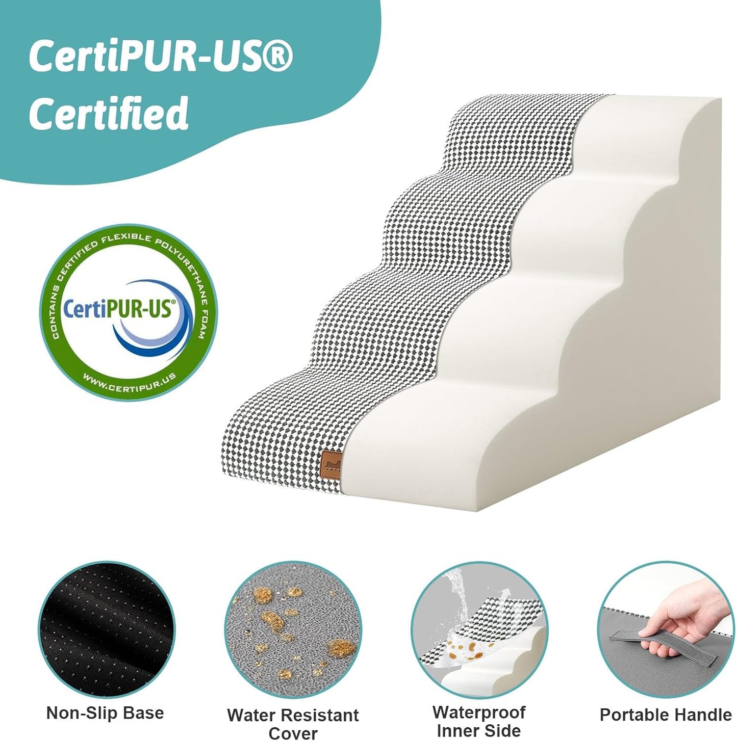 Dog Stairs for Small Dogs 19.7" H, Curved Dog Step for Puppy, Older or Cat, Medium Pet Ramp for Sofa, Couch or Bed, Ladder with High Density Foam, 15.7x28.3x19.7 inch, 4 Step, White Black