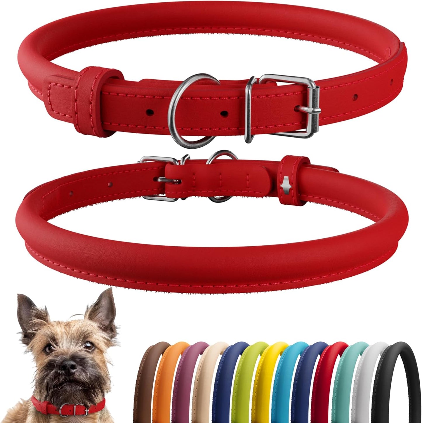 CollarDirect Rolled Leather Dog Collar, Soft Padded Round Puppy Collar, Handmade Genuine Leather Collar Dog Small Large Cat Collars 13 Colors (6 Inch, Red Smooth)