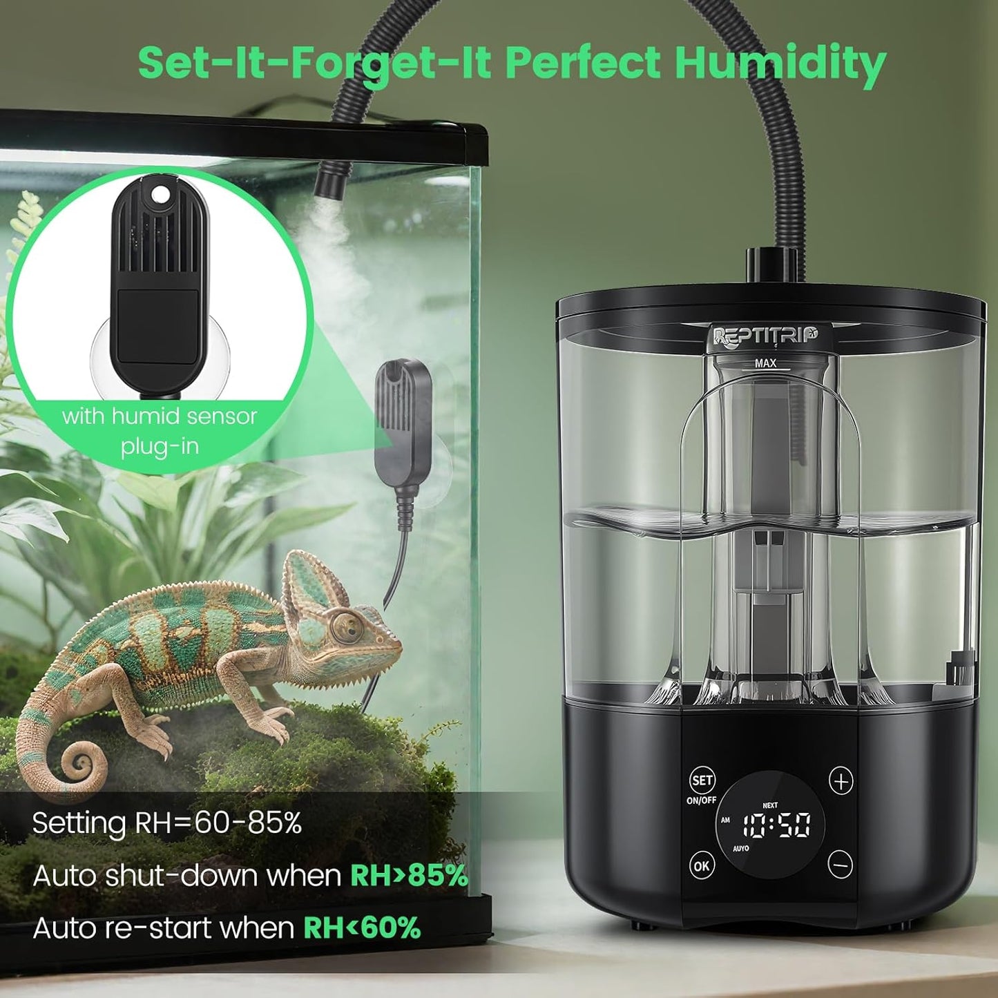 2 in 1 Reptile Fogger Humidifier, 4L Mister with Auto Humidity Control & Timer Function, Remote Control, Touch Screen, Temperature & Humidity Display for Reptiles and Tropical Plants