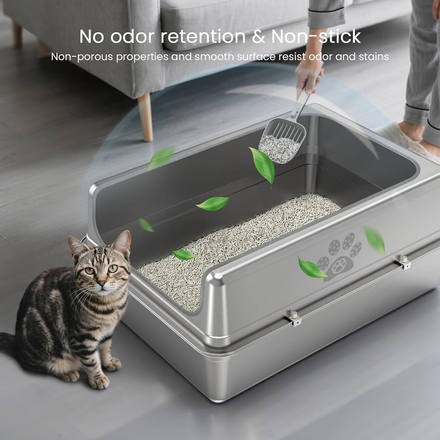 Enclosed Stainless Steel Cat Litter Box with Lid, Oversize Metal Litter Box for Multi Cats, Extra XXL Cat Toilet with High Side, Non-Stick, Anti-Leakage, Odorless, with Cat Litter Mat & Litter Scoop