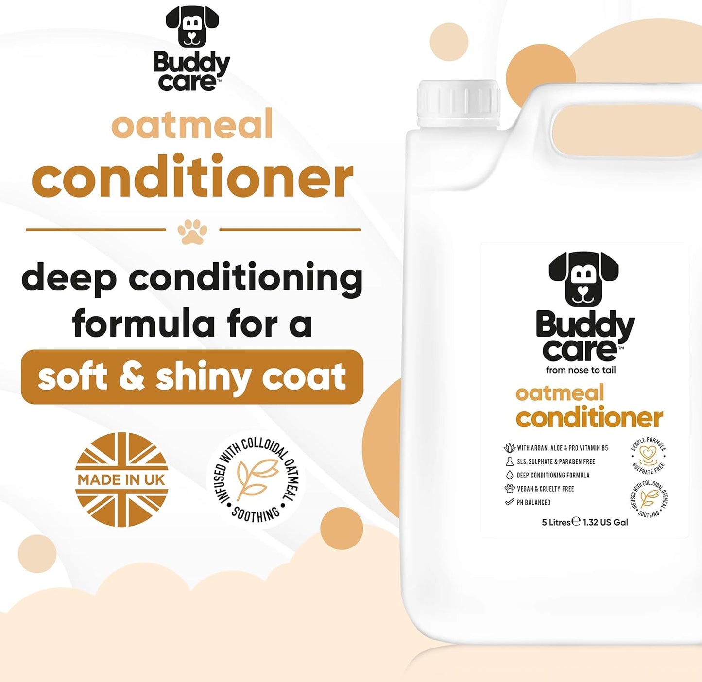 Oatmeal Dog Conditioner (169.07oz) Made with Aloe Vera, Argan Oil & Pro Vitamin B5 to Detangle Matted Coats & Relieve Sensitive & Itchy Skin, Suitable for Puppies from 8 Weeks, Vegan