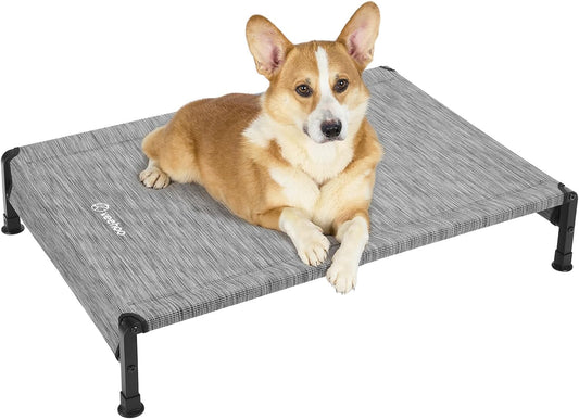 Veehoo Cooling Outdoor Dog Bed, Heavy Duty Elevated Pet Bed with Washable & Breathable Teslin Mesh, Non-Slip Silicon Feet, Dog Cot Bed with Support Hem, 35" x 22", Black Silver, CWC2433
