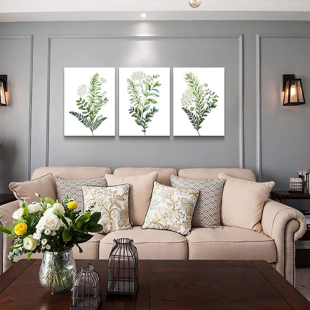 3 Pieces Framed Wall Art for Living Room Bathroom Wall Decorations Kitchen Wall decor Canvas Print decor modern Simple Bedroom Home Decoration Green leaves Poster wall paintings