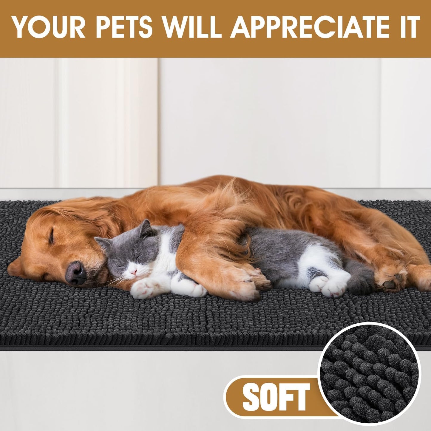 4 Pieces Muddy Door Mats for Dogs, Chenille Absorbent Pet Mats, Quick Dry, Trap Dirt Non Slip Heavy Indoor Doormat Soft Dog Bed Mat Front Inside Door Mat for Indoor Outdoor Entrance,Dark Grey