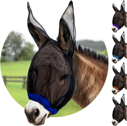 Donkey Fly Mask with Long Ears (Blue) Made in USA - Mule Fly Mask with Ears Protection from Insects and Bugs, Mini Donkey Soft Mesh Fabric with Adjustable Fastener, Face Cover Supplies for Donkeys