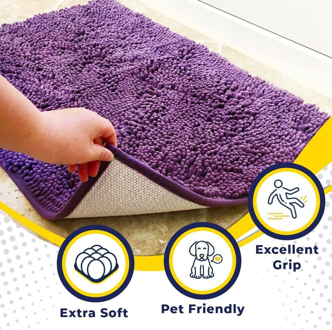 Muddy Mat® AS-SEEN-ON-TV Highly Absorbent Microfiber Door Mat and Pet Rug, Non Slip Thick Washable Area and Bath Mat Soft Chenille for Kitchen Bathroom Bedroom Indoor and Outdoor - Purple 36" x 120"