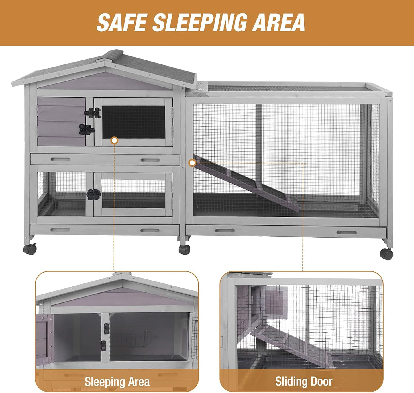 Bunny Cage Indoor and Outdoor Rabbit Hutch with Casters Waterproof Roof, Pull Out Tray from Back and Front 61.2" L x 22.6" W x 33.5" H