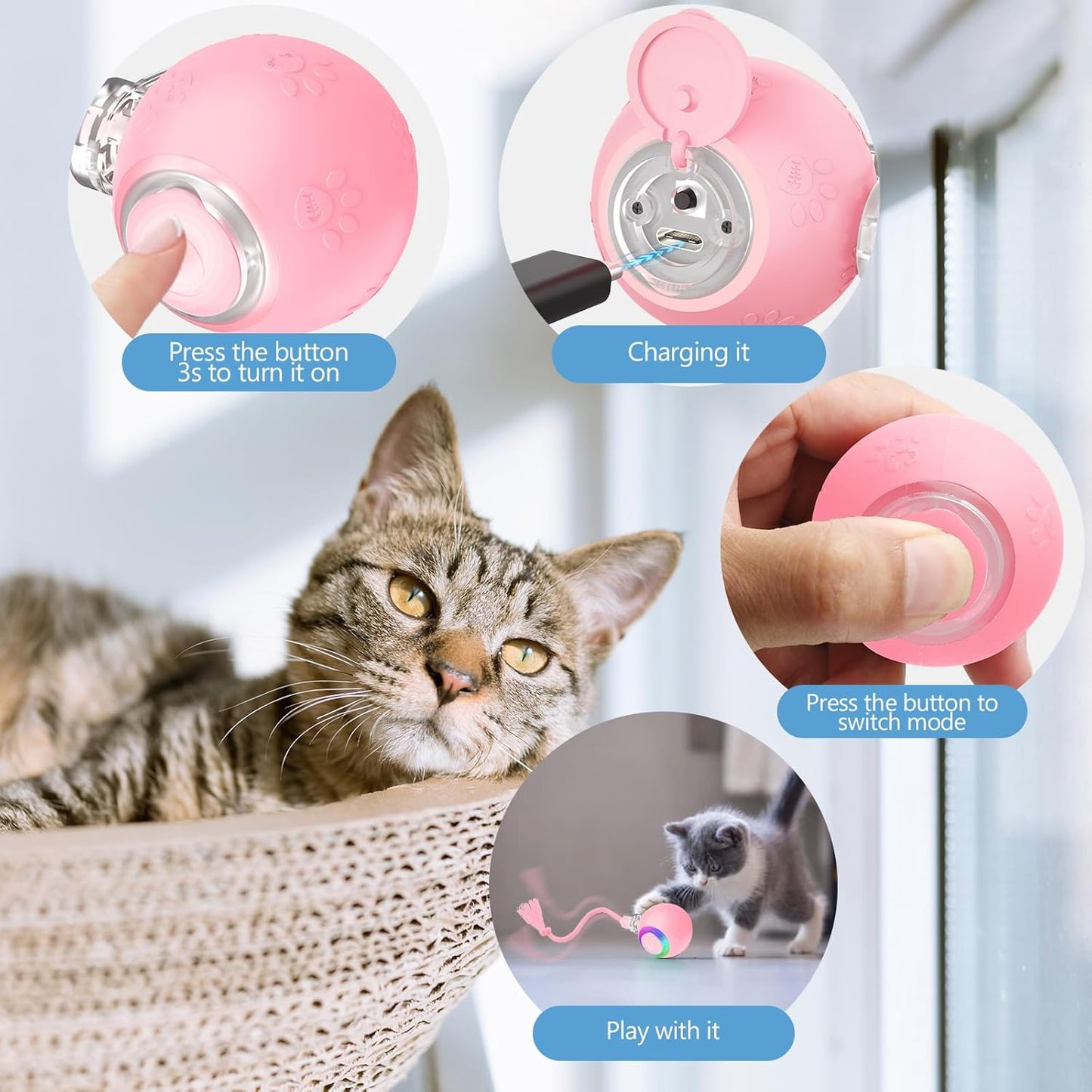 Interactive Cat Toys, Automatic Moving Cat Toys for Bored Indoor Adult Cats, Fast Rolling, Chirping & Motion-Activated Kitty Toys, Fun Gift for Cats with Speedy Tail 2.0, USB Rechargeable,Pink