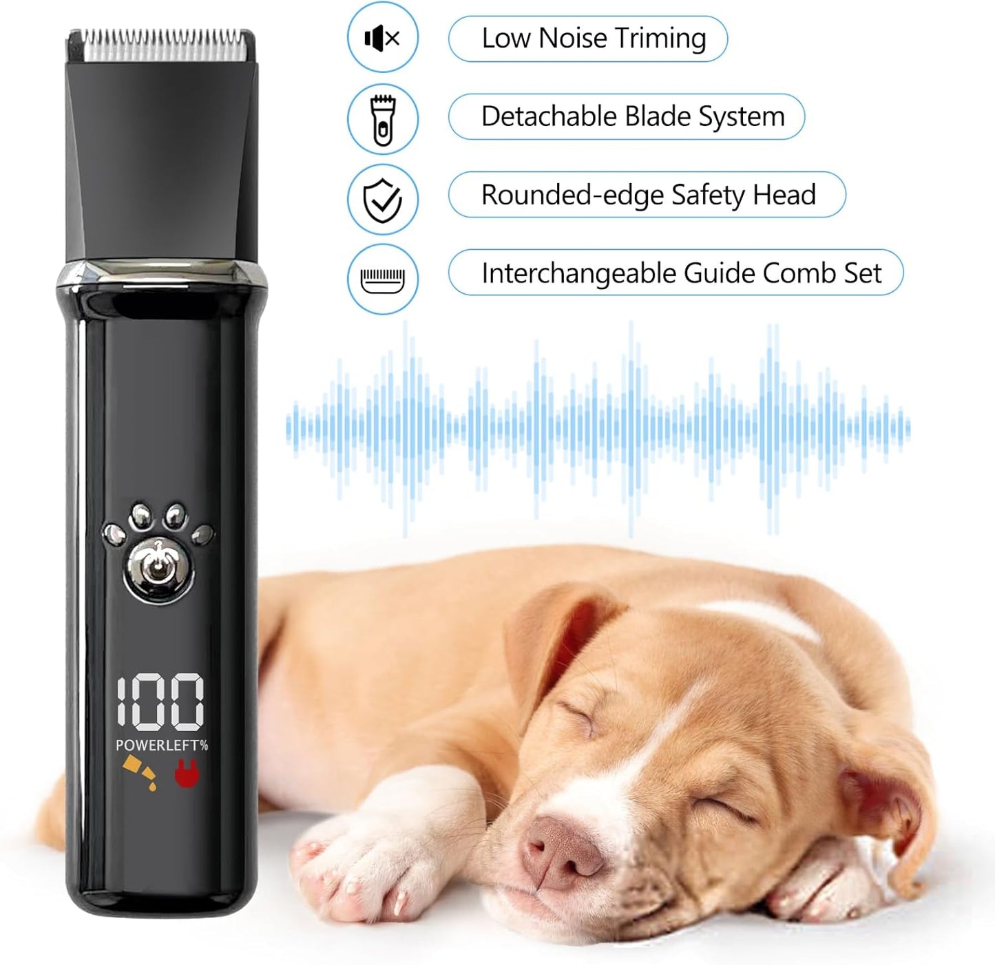 Dog Clippers Grooming Kit - Low Noise, Cordless Electric Trimmer with Nail Grinder for Dogs & Cats, 4 in 1 Rechargeable Clippers for Paws, Ears, Face and Matted Hair (Black)