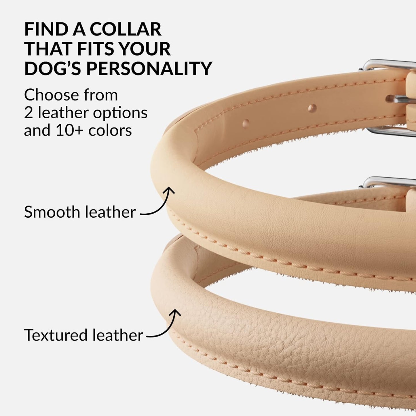 CollarDirect Rolled Leather Dog Collar, Soft Padded Round Puppy Collar, Handmade Genuine Leather Collar Dog Small Large Cat Collars 13 Colors (13-16 Inch, Beige Smooth)