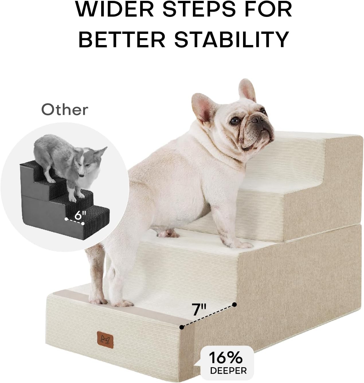 Dog Stairs for High Bed, Dog Steps for Bed Couch Sofa, 35D Foam Extra Wide Pet Steps for Small Dogs and Cats, Pet Stairs with Non-Slip Bottom Beige, 4 Steps