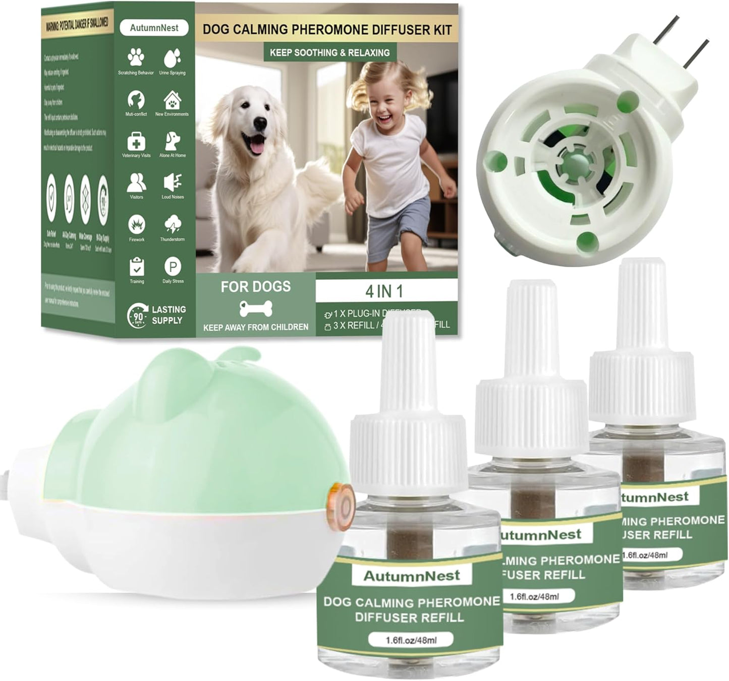 Dog Calming Diffuser Plug-in with Gentle Night Glow, 3 Refills Kit for Behavioral Support, Stress Soothing Aid for Pets During Travel, Thunder, Vet Visits, Fireworks, Safe Formula, 90 Days Supply