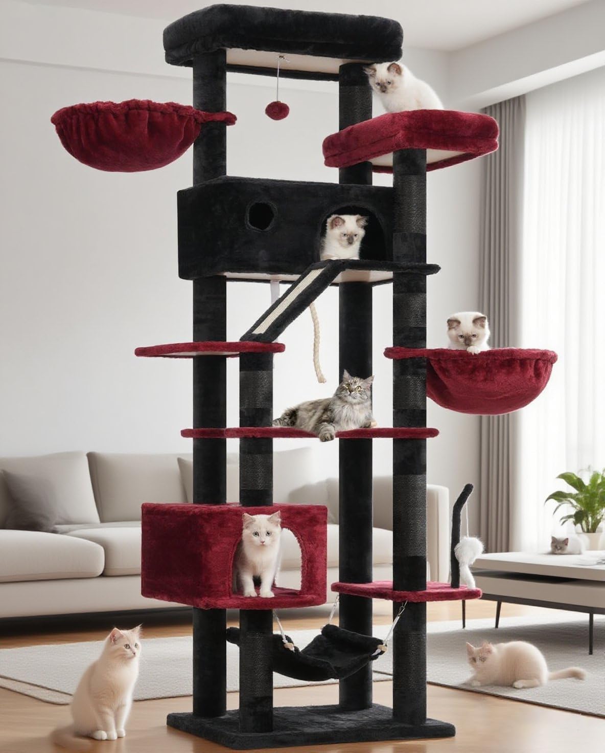 Gothic Cat Tree for Large Cats, 78.7"(200cm) Tall Cat Tower for Indoor Cats Multiple Cats with Large Top Perch, Cat Condo, Cat Hammcok, Cat Scratching Post, Black and Red GCT031BR