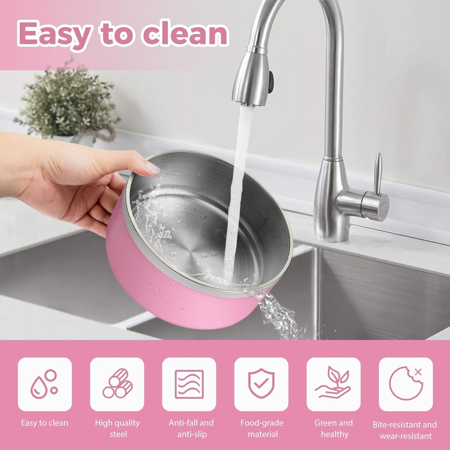 Stainless Steel Dog Bowl, Metal Water and Food Dish for Large Dogs, Insulated Non-Slip Pet Bowl, Easy Clean, 64oz, Pink